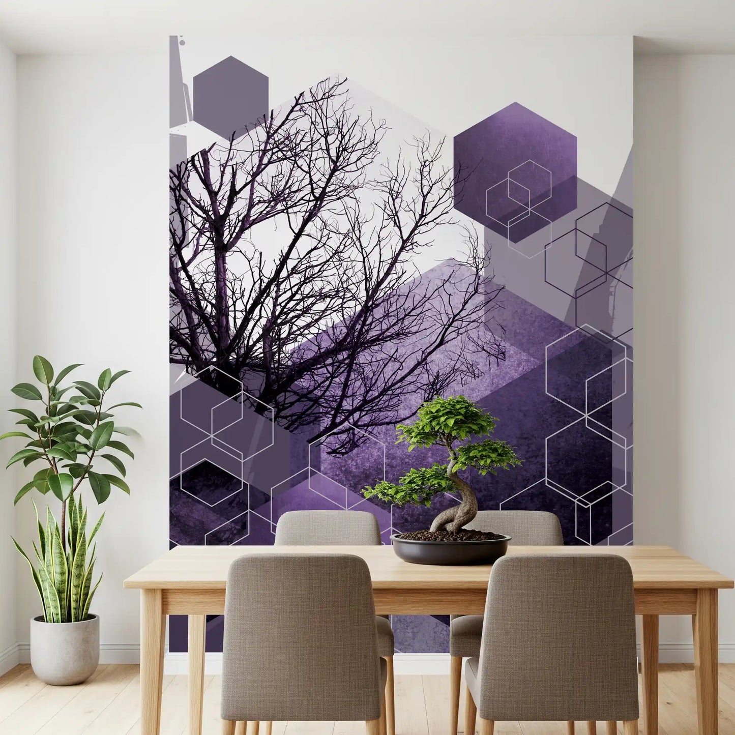 Abstract purple geometry wall mural with blending tree silhouettes and cubes., GD10247