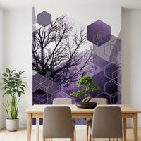 Abstract purple geometry wall mural with blending tree silhouettes and cubes., GD10247