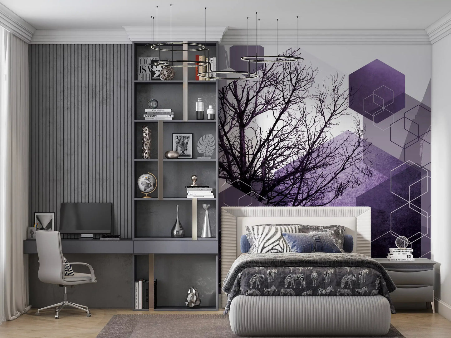 Purple geometric hexagon wall mural with dark bare branches in bedroom., GD10247