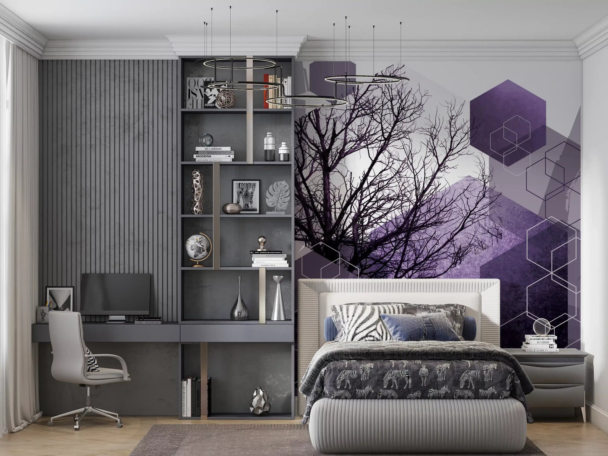 Purple geometric hexagon wall mural with dark bare branches in bedroom., GD10247