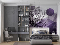 Purple geometric hexagon wall mural with dark bare branches in bedroom., GD10247