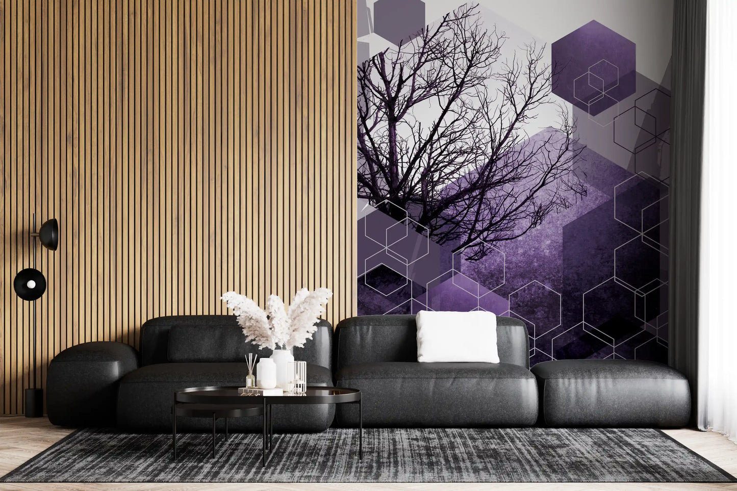 Shadowed Geometry Wall Mural with bare tree and hex shapes., GD10247