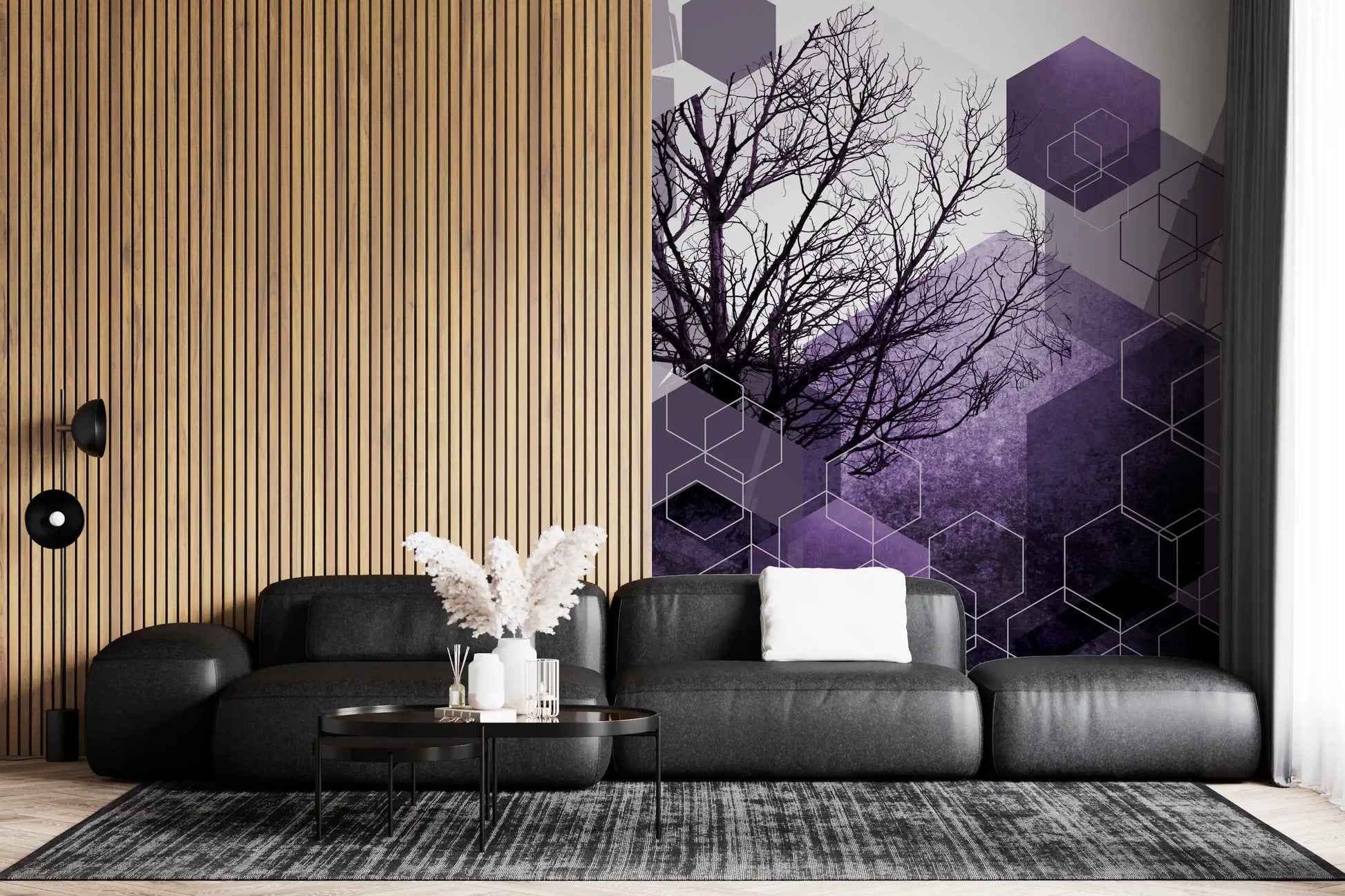 Shadowed Geometry Wall Mural with bare tree and hex shapes., GD10247