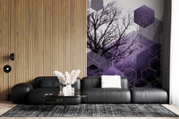 Shadowed Geometry Wall Mural with bare tree and hex shapes., GD10247