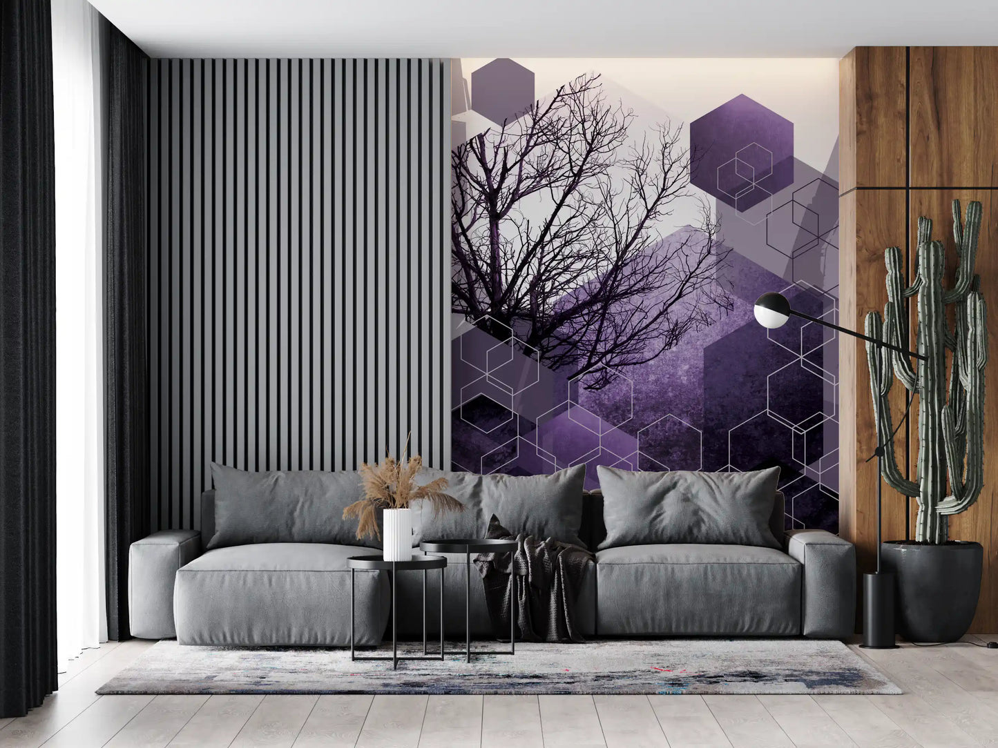Shadowed tree silhouette over purple cubic shapes wall mureal for hallway., GD10247