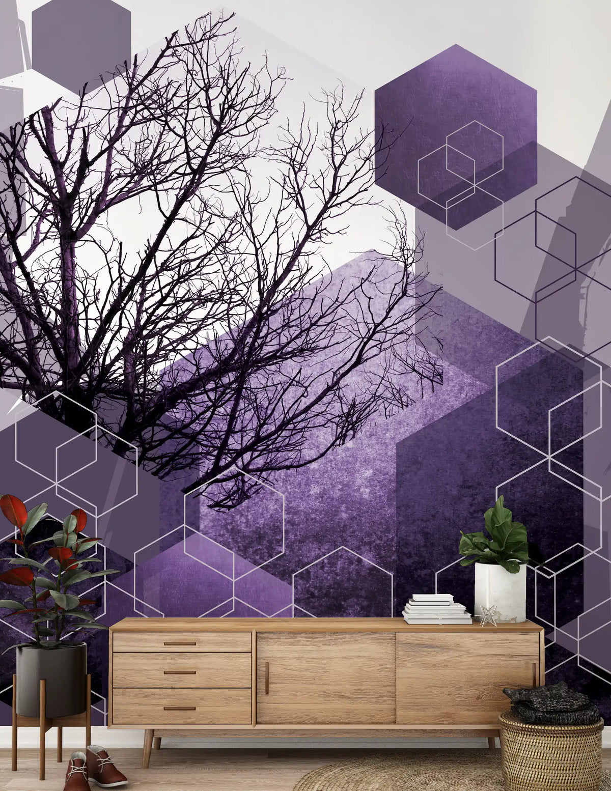 Shadowed Geometry Wall Mural in purple and black for modern hallway., GD10247