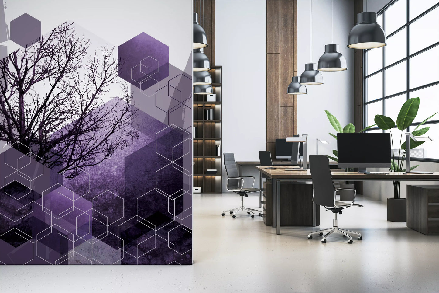 Purple and grey Shadowed Geometry Wall Mural for contemporary office., GD10247