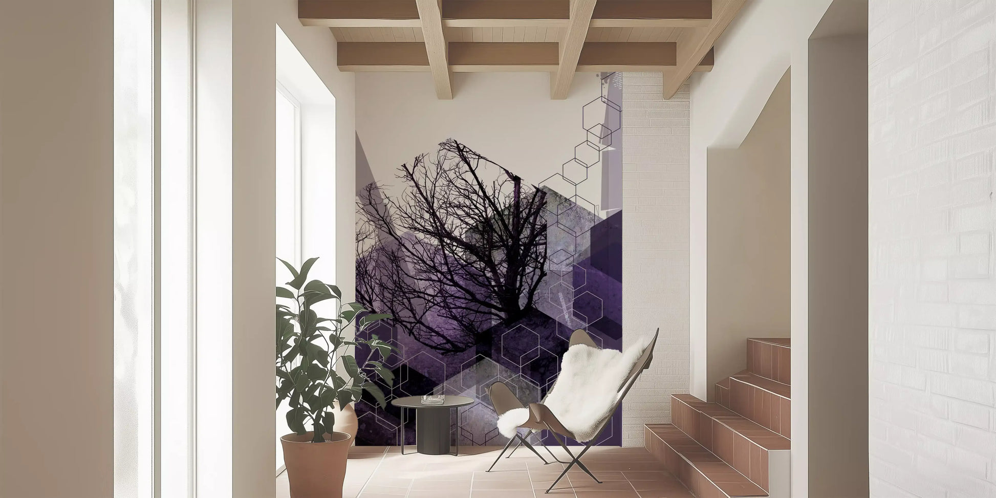 Geometric mural showing layered arches and a quiet neutral palette., GD10248