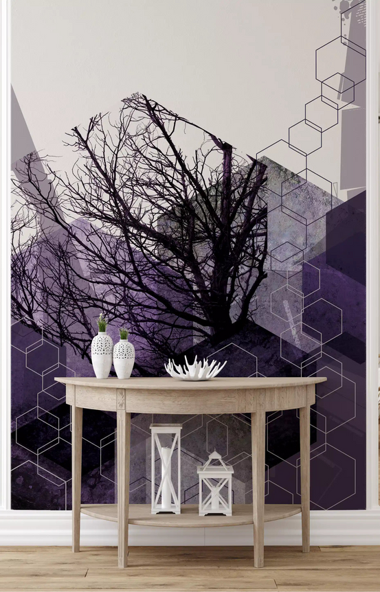 Modern geometric wall mural featuring tall arched lines and muted shading in hallway., GD10248