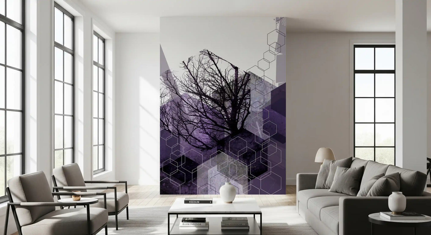 Vertical arbor wall mural featuring interlocking geometric lines., GD10248