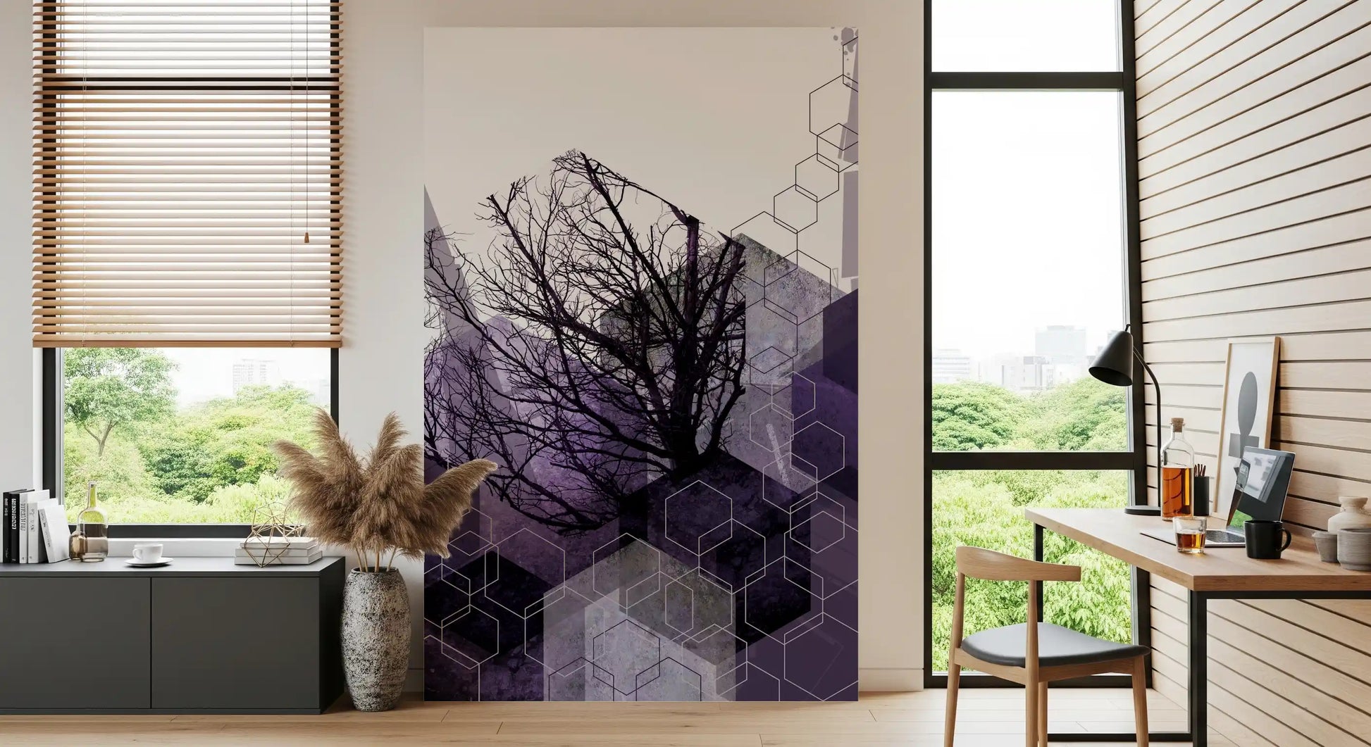 Arched lattice mural pattern in muted neutral tones with subtle finish., GD10248