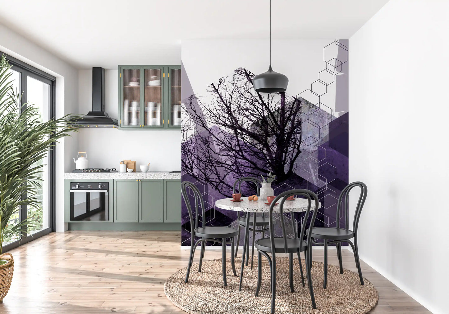 Geometric arbor veil wall mural with arched lattice lines and soft tonal layers., GD10248