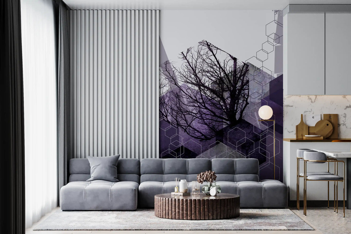 Geometric arbor veil mural installed as a feature wall in a living room setting., GD10248