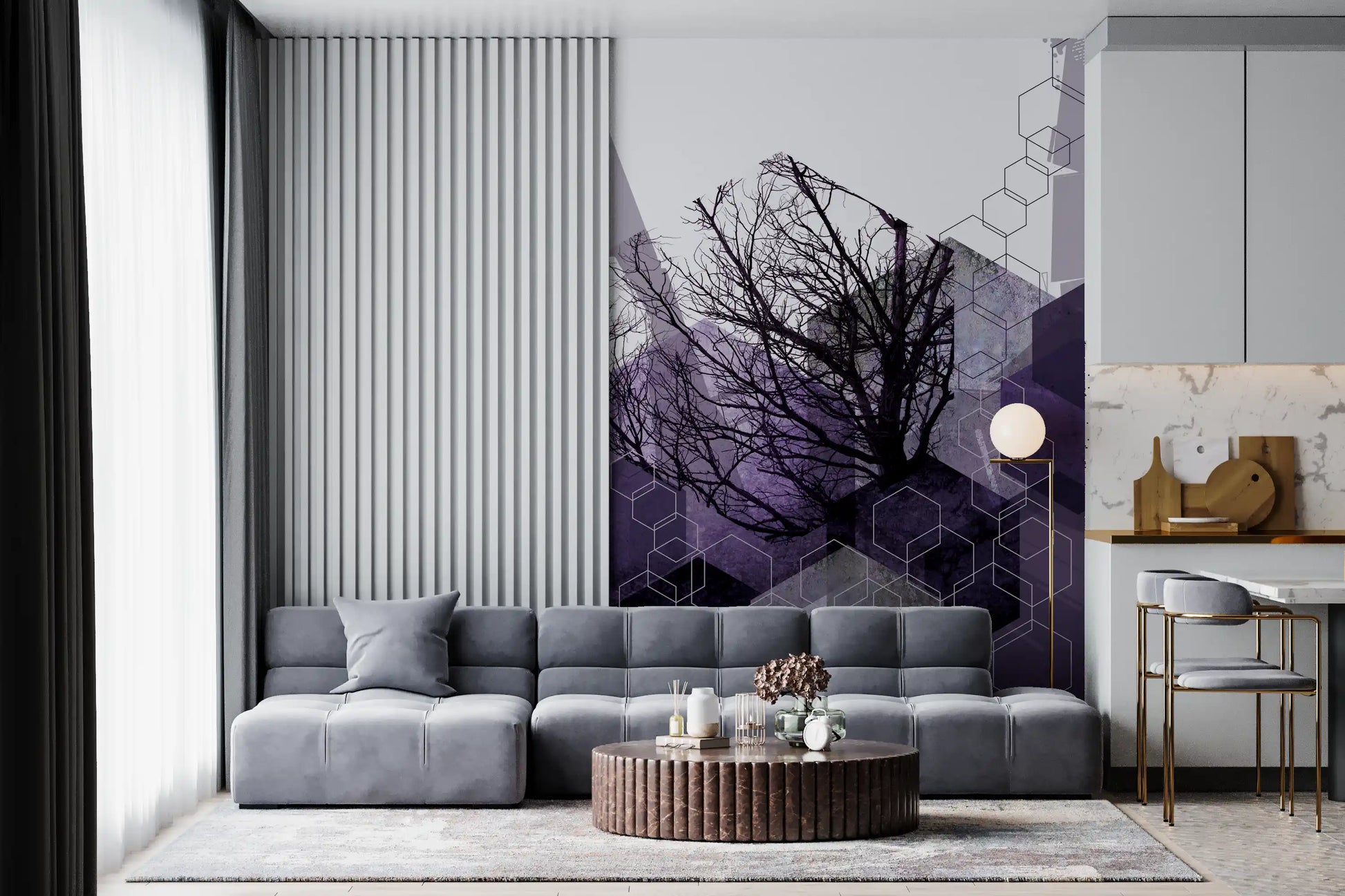 Geometric arbor veil mural installed as a feature wall in a living room setting., GD10248