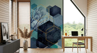 Overlapping hexagonal shapes wall mural in blue and gold tone., GD10249