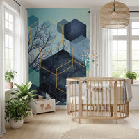 Layered translucent hexagons creating depth on blue wall mural in nursery., GD10249