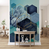 Geometric mural in cool teal and navy with golden hexagon accents., GD10249