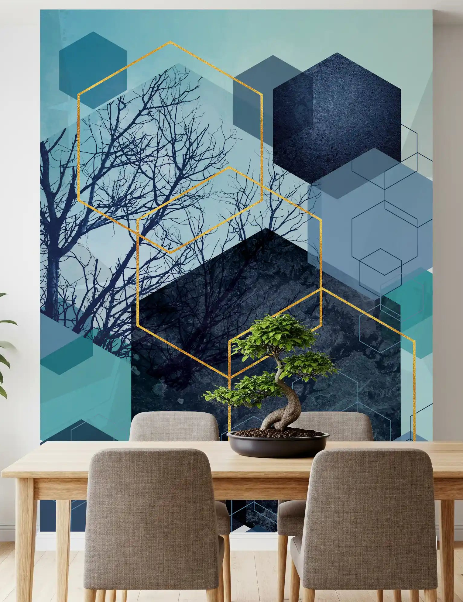 Golden Hexagon Nature Blend Mural styled in a modern dining room feature wall., GD10249