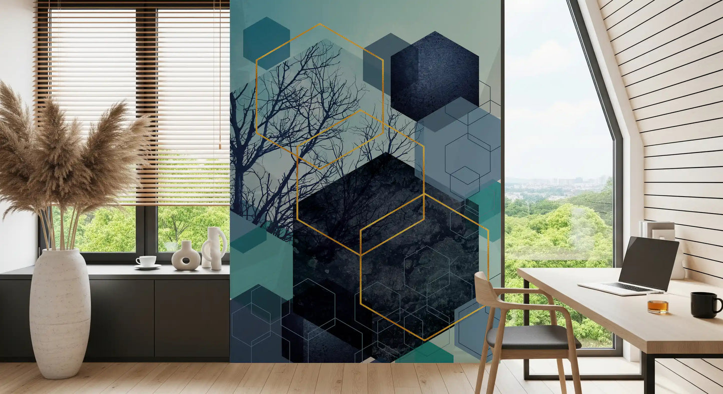 Bare tree branches inside large hexagonal frames on blue mural., GD10249