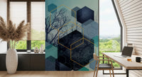 Bare tree branches inside large hexagonal frames on blue mural., GD10249