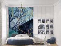 Geometric blue hexagon mural across a contemporary bedroom wall., GD10249