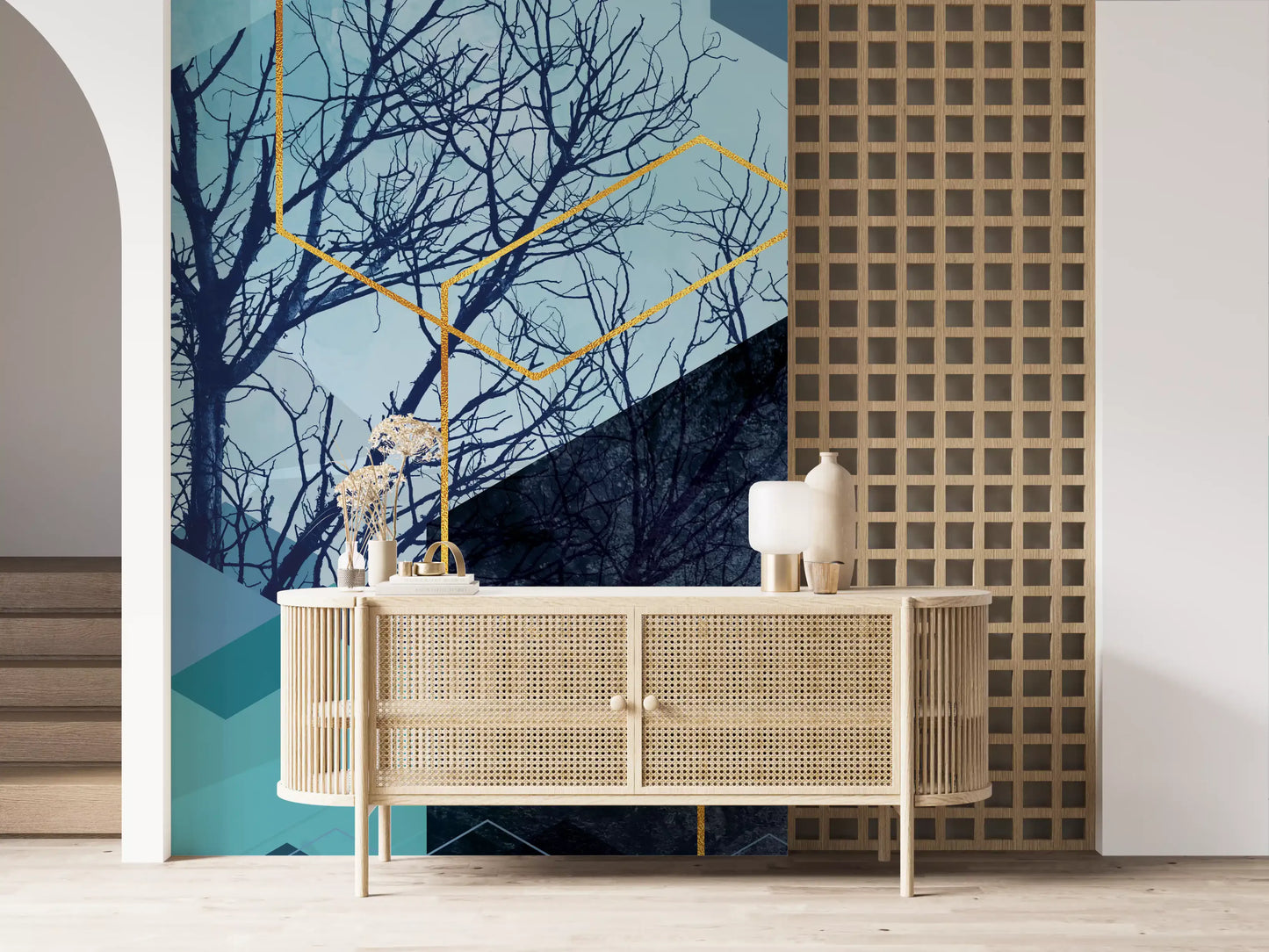 Golden Hexagon Nature Blend Wall Mural with teal and navy geometric pattern., GD10249