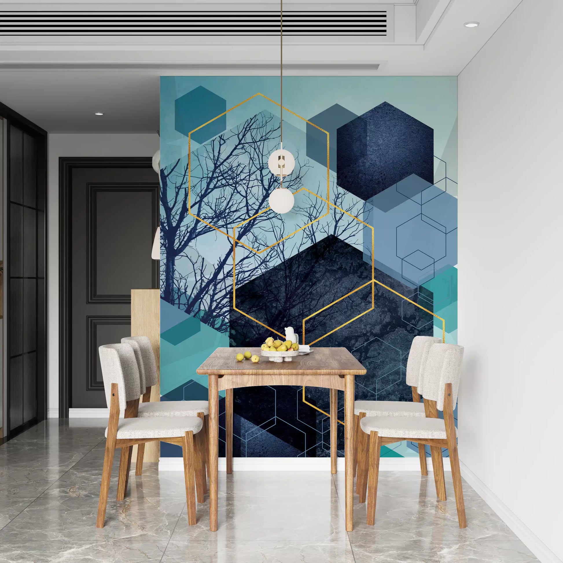 Textured stone effect fills inside dark navy hexagon wall mural., GD10249