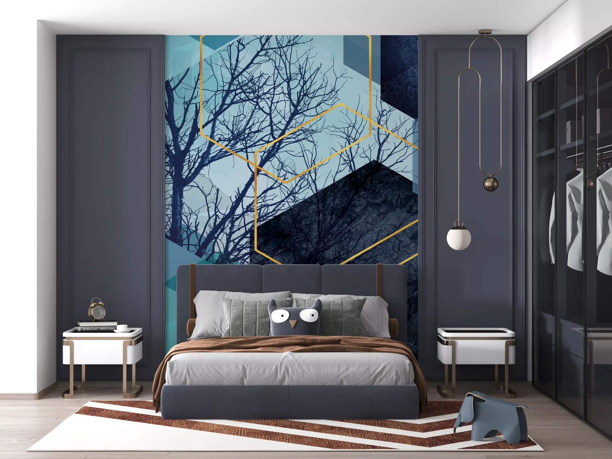Bedroom wall mural with Metallic gold hexagon outlines layered over teal blue background., GD10249