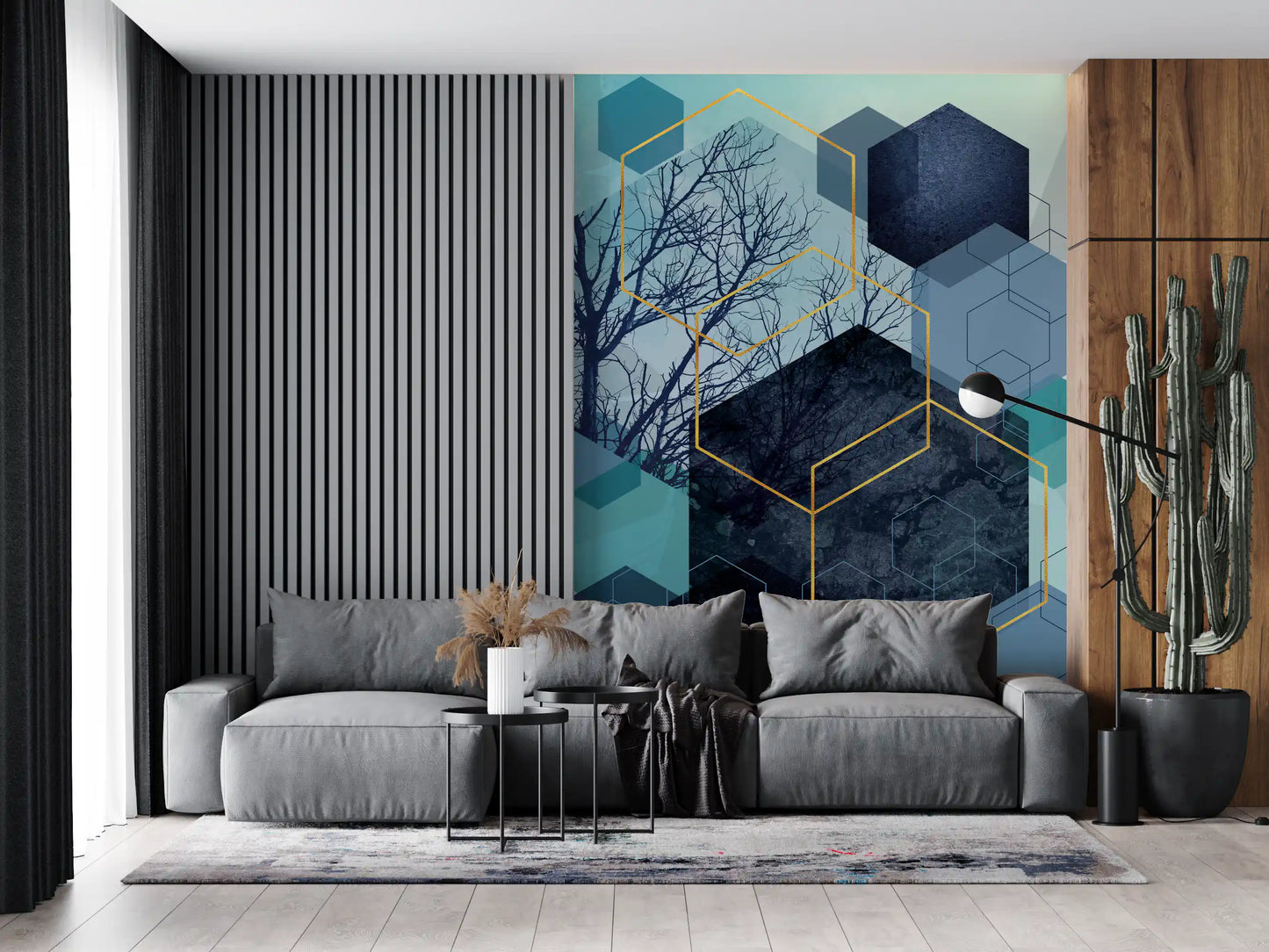 Geometric hexagon wall mural in slate blue and charcoal tones., GD10249