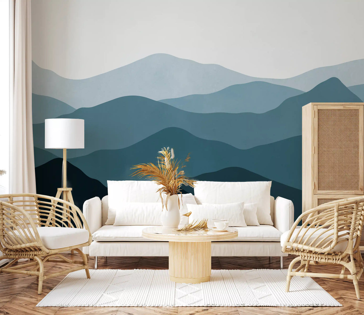 Blue grey mountain wall mural showing foggy atmospheric depth., GD10250