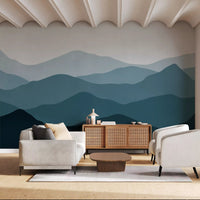 Blue grey mountain ridge wall mural in a calm living room setting., GD10250