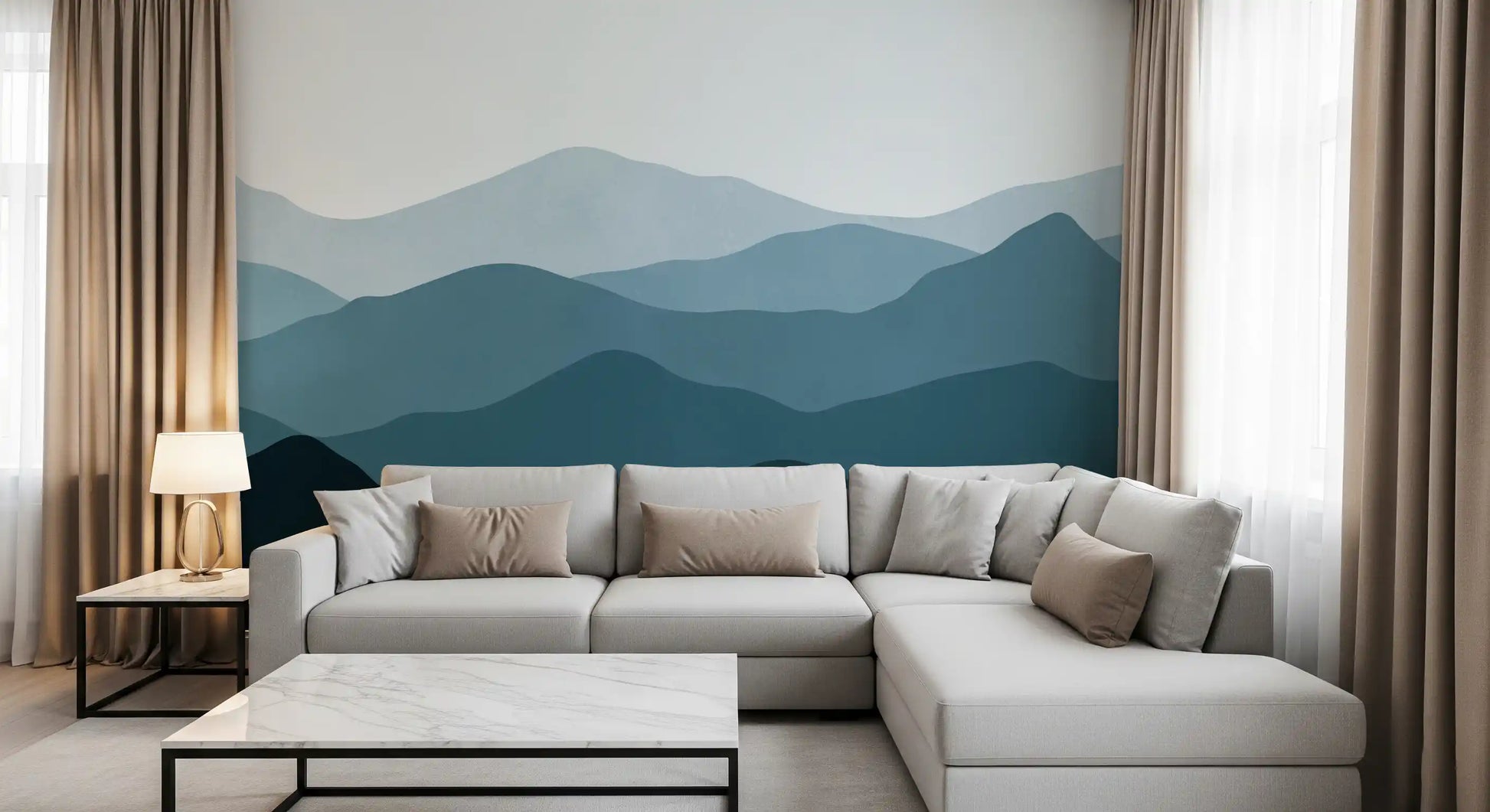 Watercolour mountain wall mural with dusty blue and near black peaks., GD10250