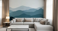 Watercolour mountain wall mural with dusty blue and near black peaks., GD10250