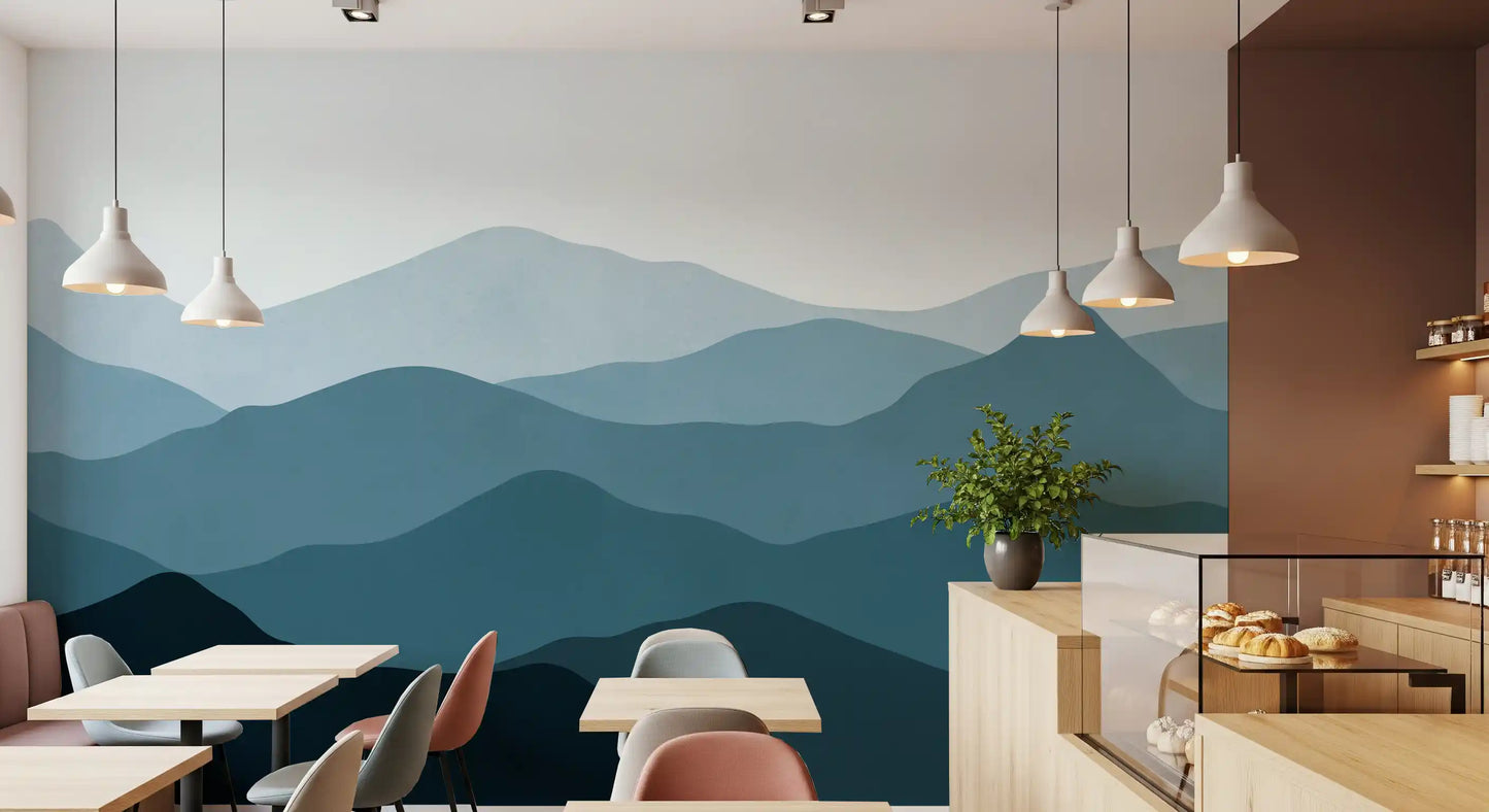 Layered mountain silhouettes wall mural in pale blue and deep charcoal tones., GD10250