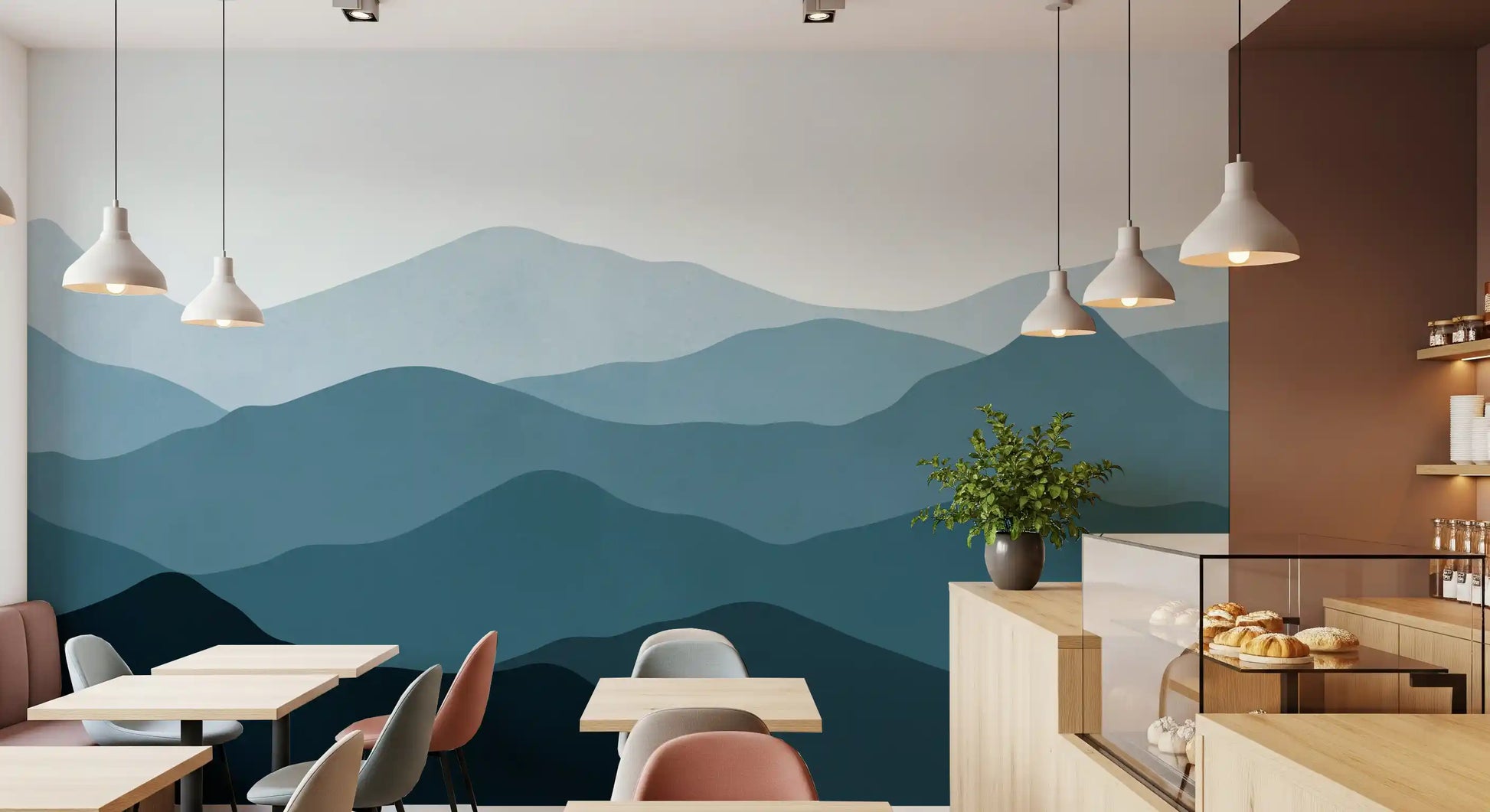 Layered mountain silhouettes wall mural in pale blue and deep charcoal tones., GD10250