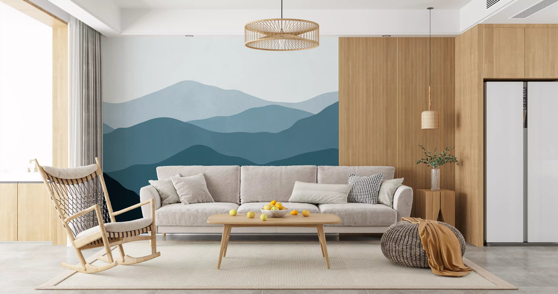 Mountain wall mural in soft watercolour tones of slate and steel., GD10250