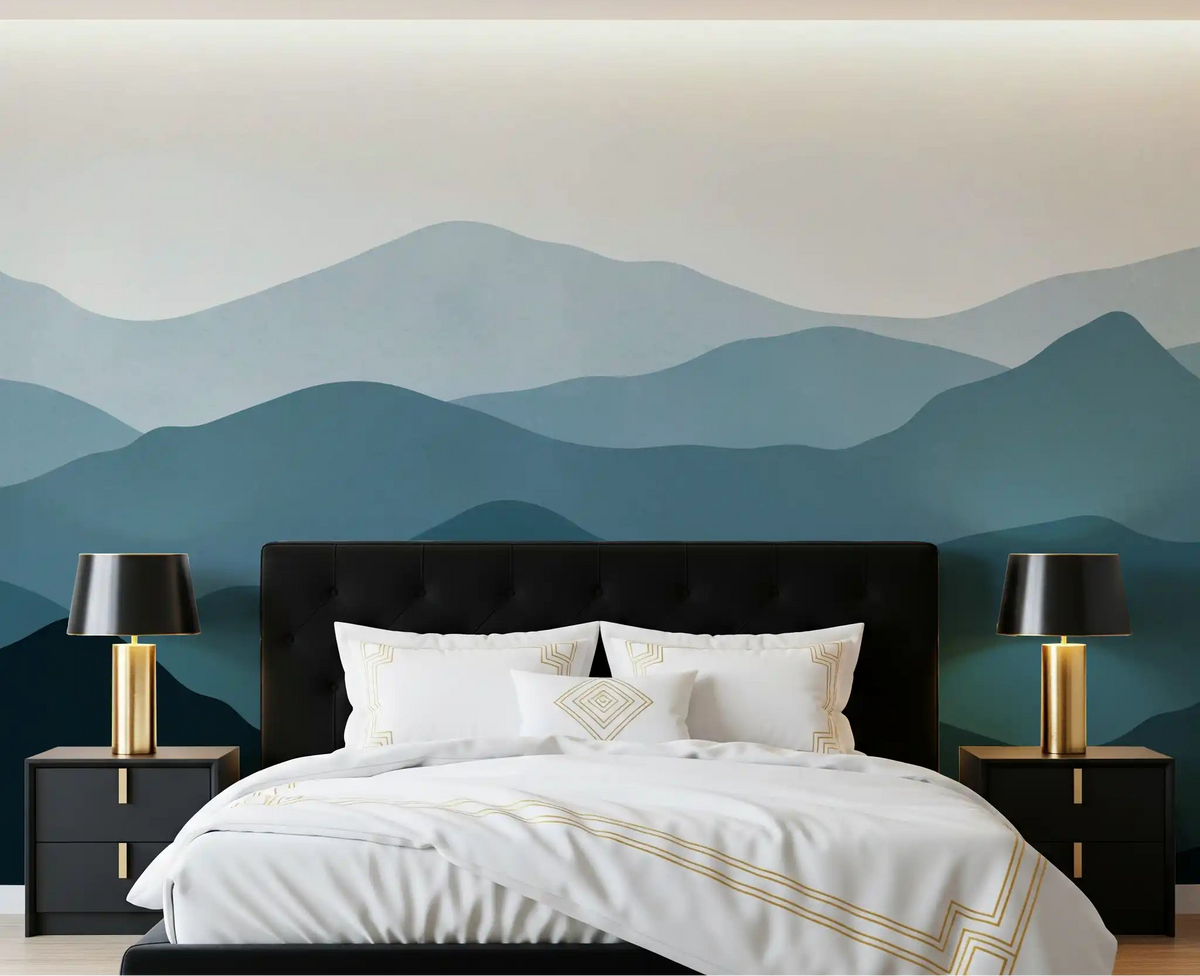 Layered Horizon mural styled across a bedroom feature wall., GD10250