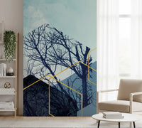 Misty sky blue watercolour wall mural with Bare branching trees., GD10251