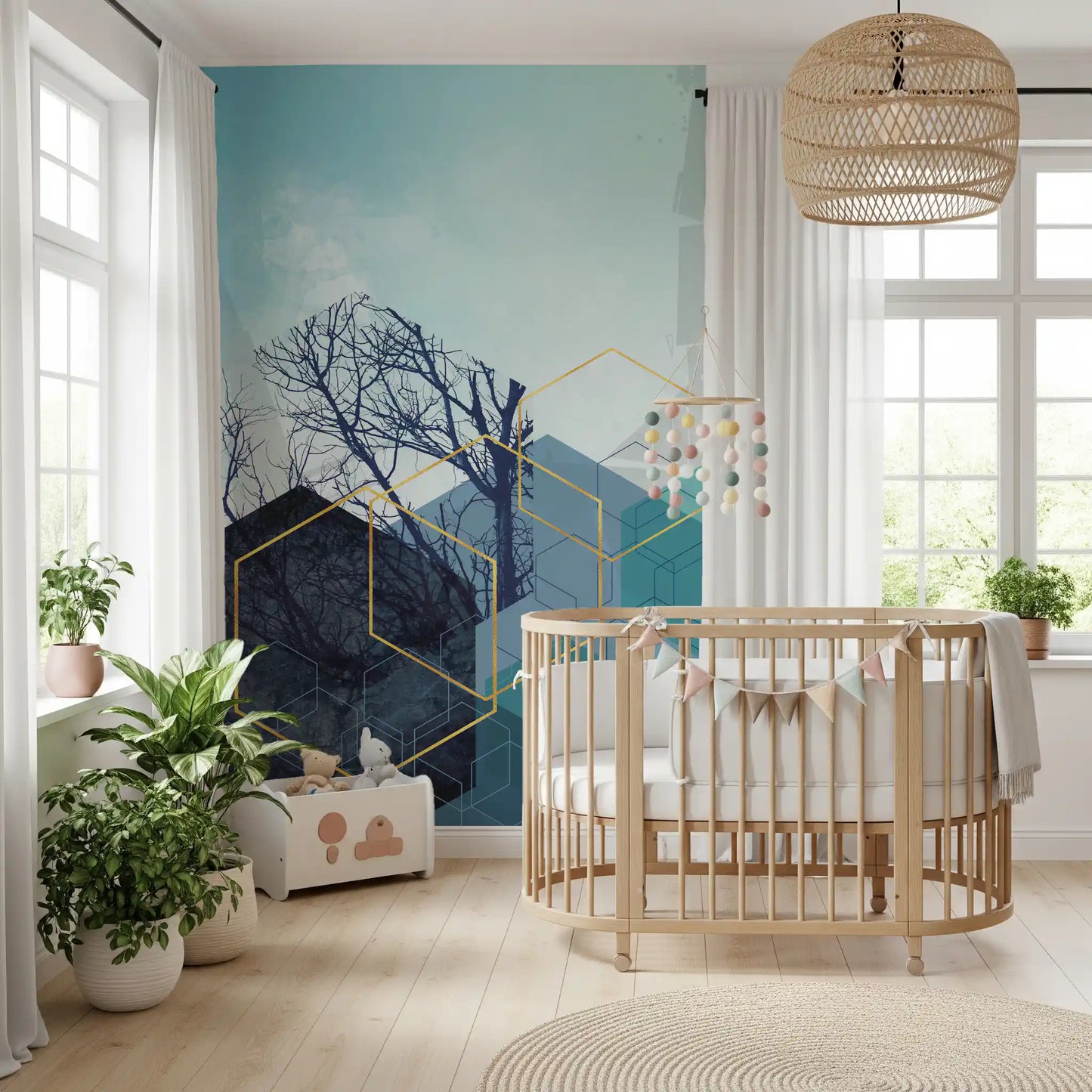 Mixed media wall mural in teal, gold, and navy tones., GD10251