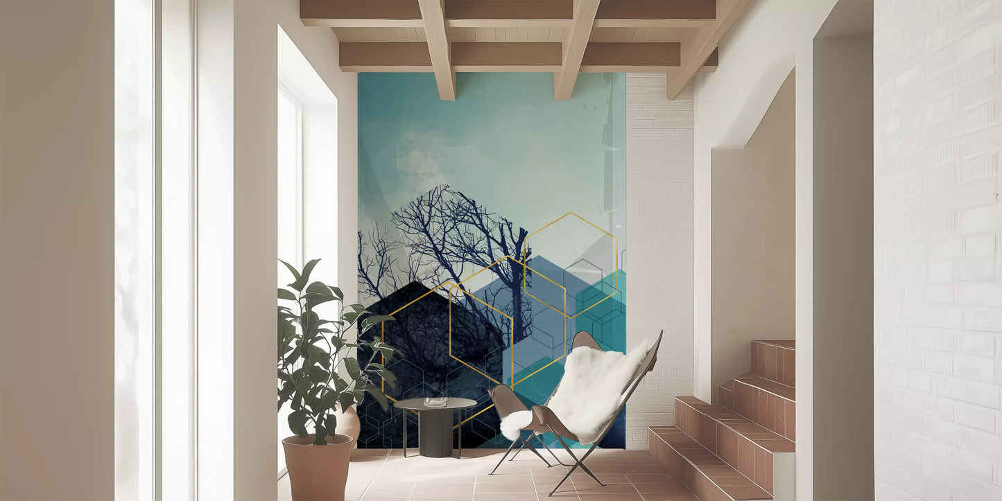 Abstract forest mural with layered hexagon shapes and tree silhouettes., GD10251