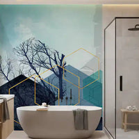 Gilded hexagon and tree mural placed as a bathroom wall accent., GD10251