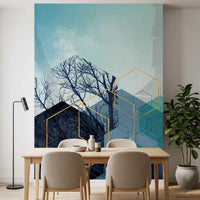 Geometric wall mural featuring overlapping golden hexagon outlines., GD10251