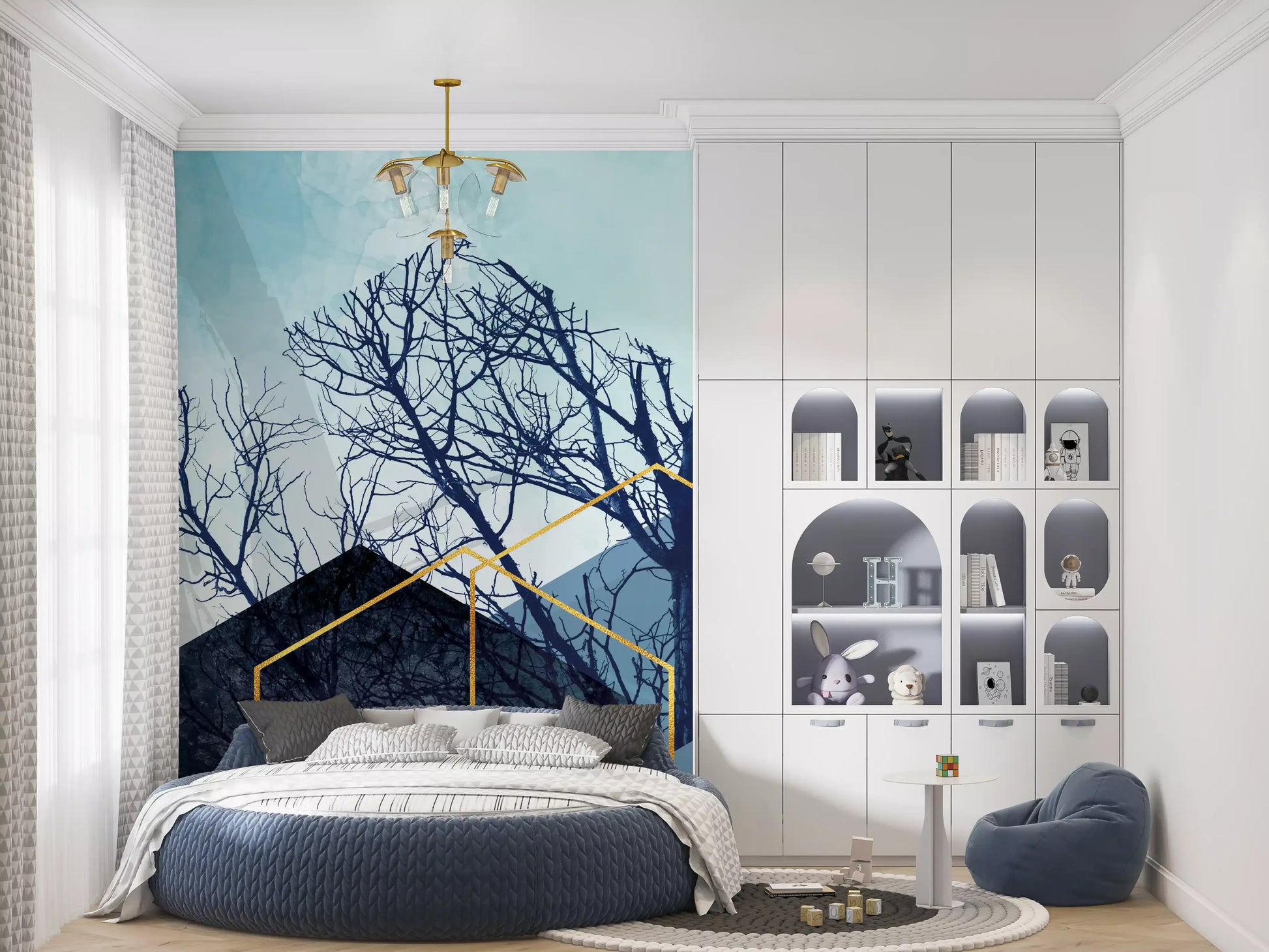 Gilded forest geometry wall mural with bare trees and golden hexagons., GD10251
