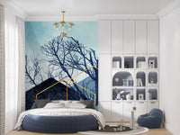 Gilded forest geometry wall mural with bare trees and golden hexagons., GD10251