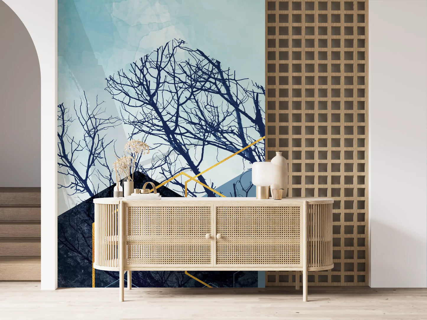 Watercolour sky blue mural showing dark winter trees and teal hexagons., GD10251