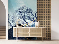 Watercolour sky blue mural showing dark winter trees and teal hexagons., GD10251