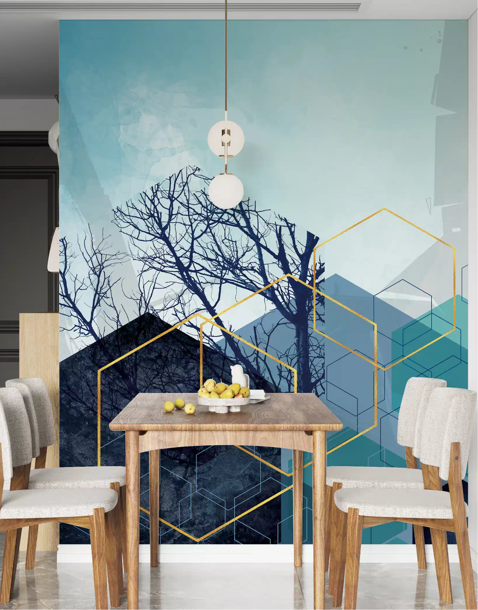 Dining room wall mural with Solid teal hexagons layered over a navy mountain silhouette., GD10251
