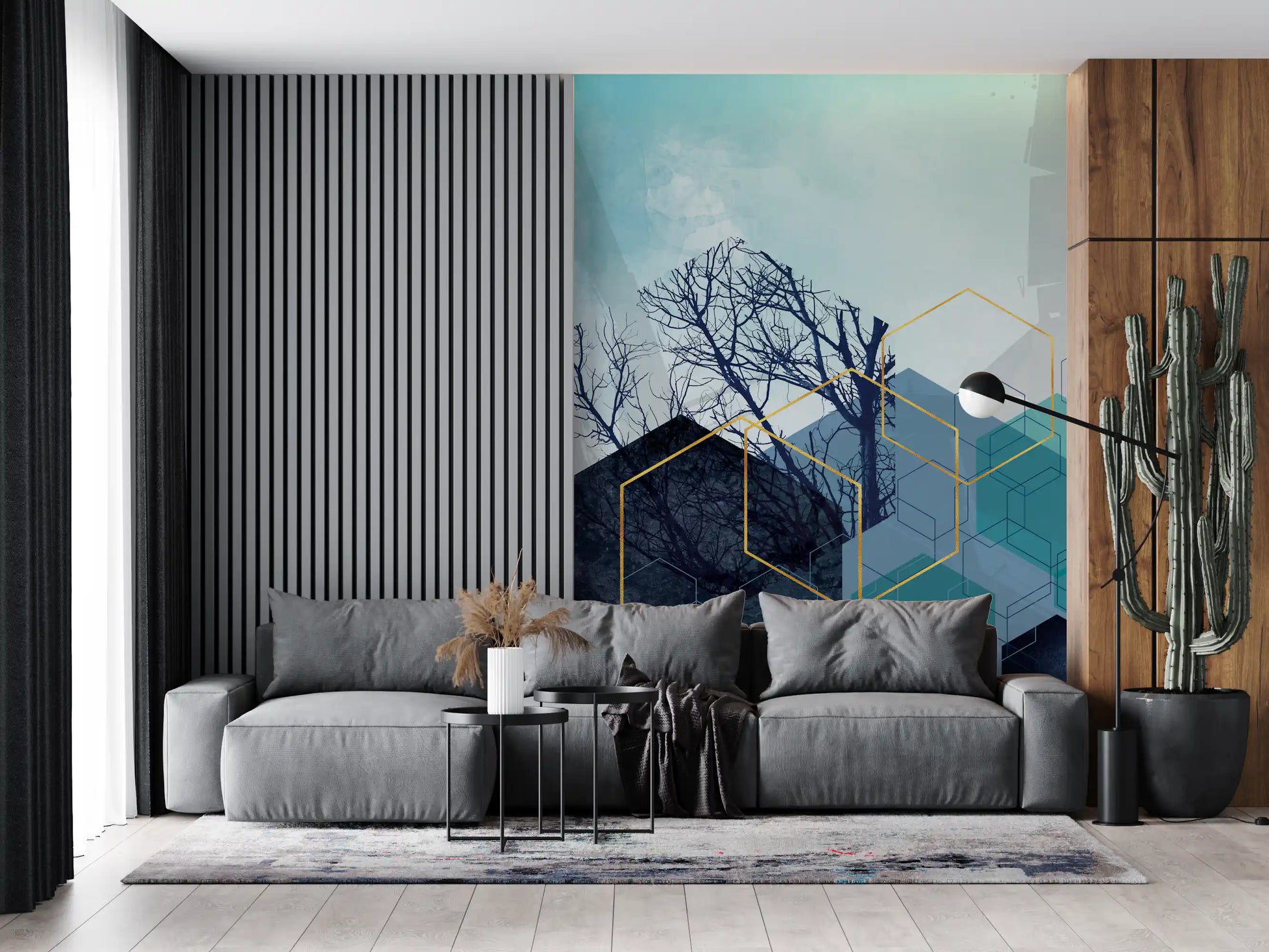 Geometric forest mural styled on a living room feature wall., GD10251