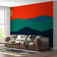 Layered hill wall mural in green blue and dark forest tones., GD10252