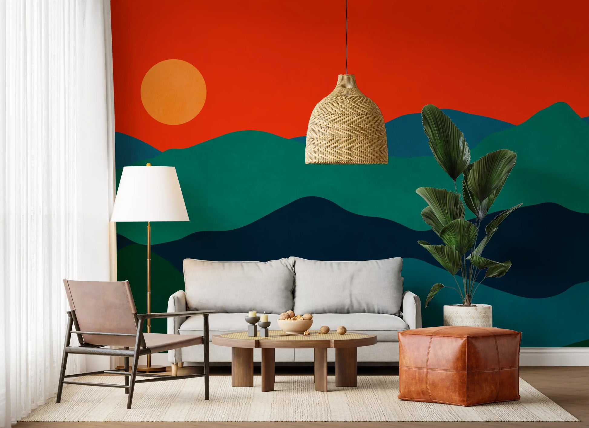 Hallway wall mural with Four overlapping mountain ranges beneath a warm scarlet sky., GD10252